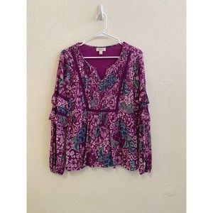 STYLE & CO purple floral boho indie prairie ruffle long sleeve top size XS